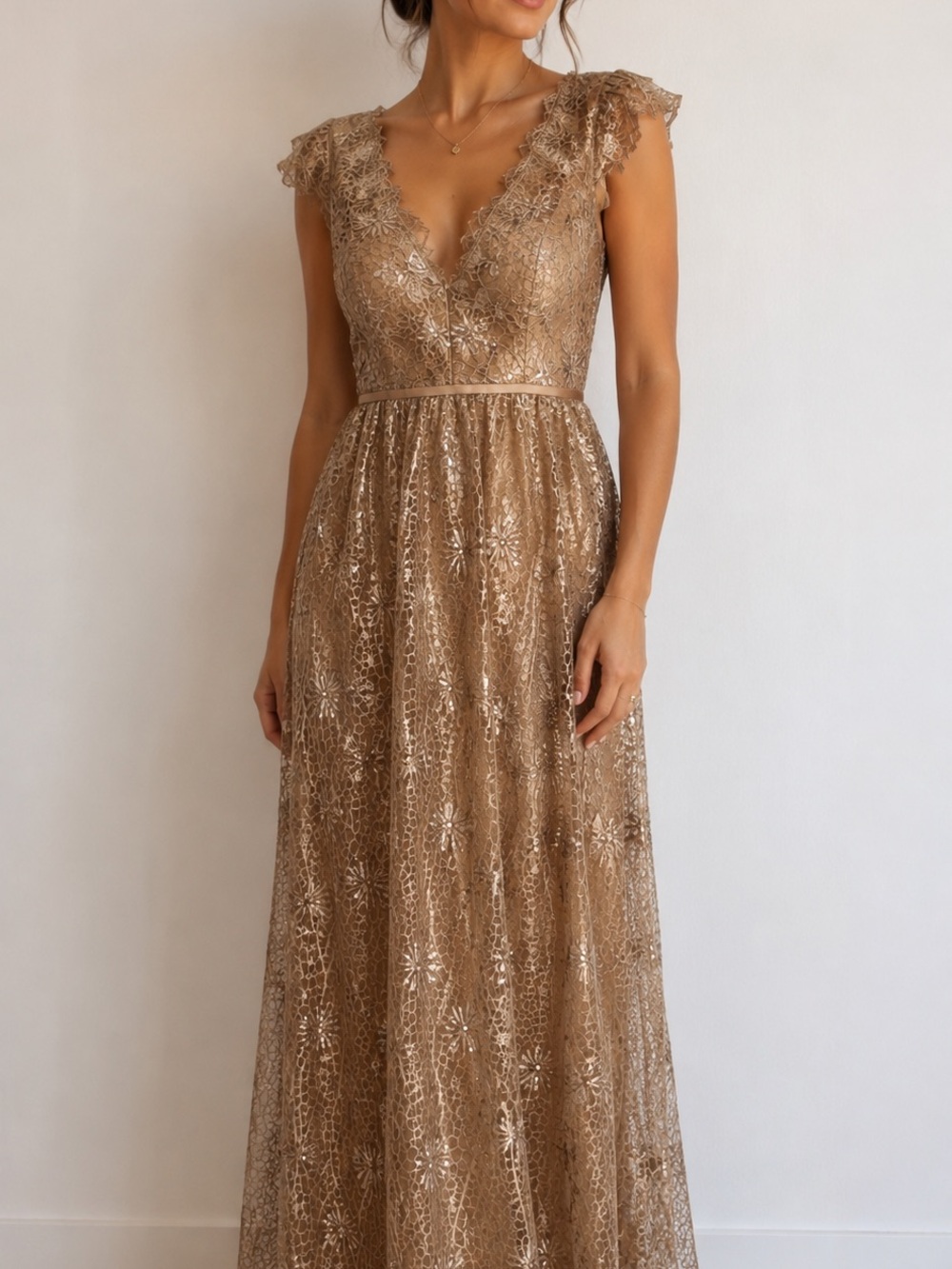 Kay Unger Gold Lace V-Neck Maxi Gown